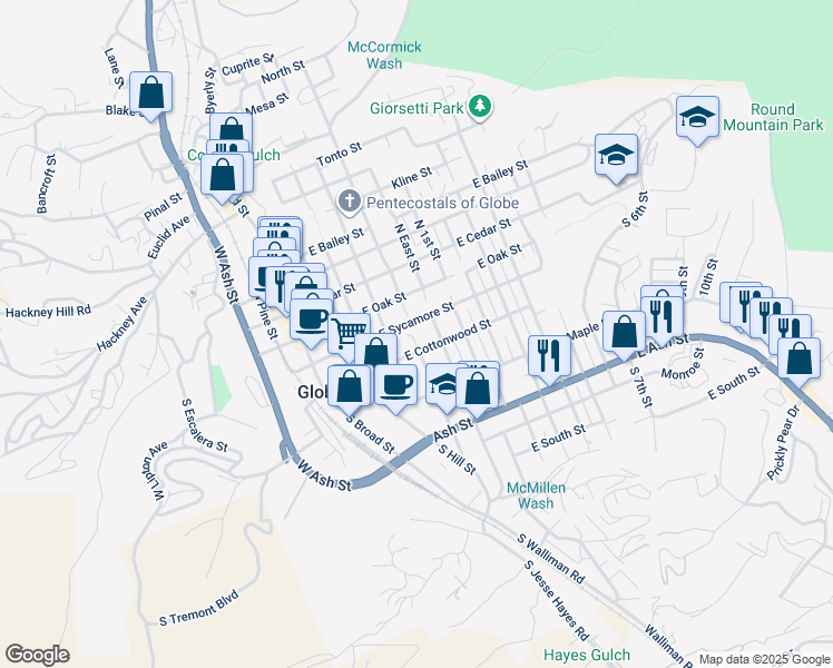 map of restaurants, bars, coffee shops, grocery stores, and more near 320 South East Street in Globe