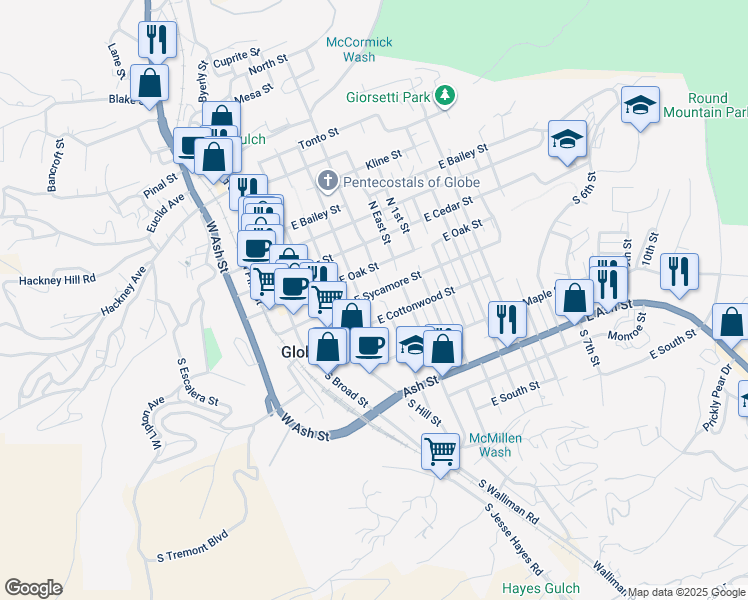 map of restaurants, bars, coffee shops, grocery stores, and more near 390 East Sycamore Street in Globe