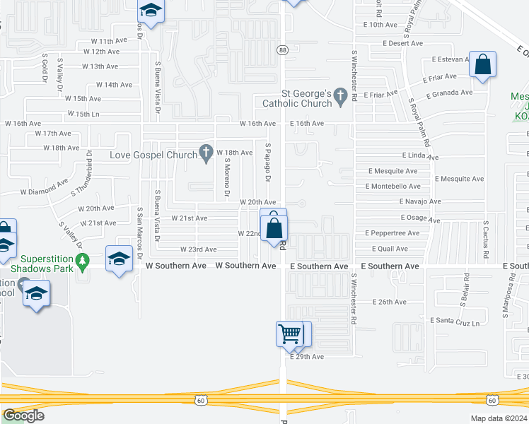 map of restaurants, bars, coffee shops, grocery stores, and more near 2200 South Coconino Drive in Apache Junction