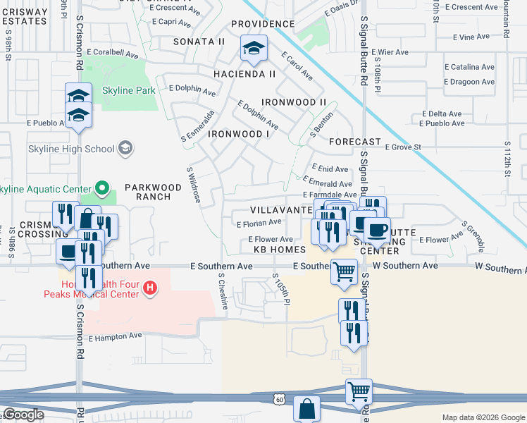 map of restaurants, bars, coffee shops, grocery stores, and more near 10501 East Forge Avenue in Mesa