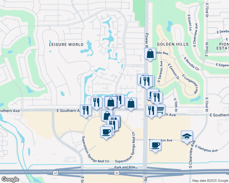 map of restaurants, bars, coffee shops, grocery stores, and more near 908 South Power Road in Mesa