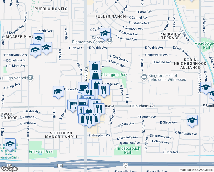 map of restaurants, bars, coffee shops, grocery stores, and more near 2167 East Forge Avenue in Mesa