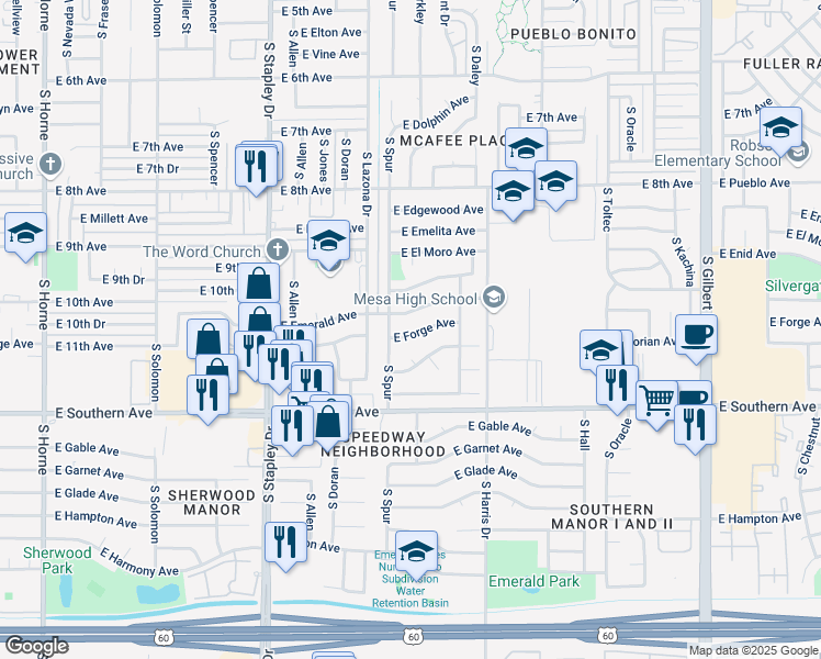 map of restaurants, bars, coffee shops, grocery stores, and more near 1453 East Forge Avenue in Mesa
