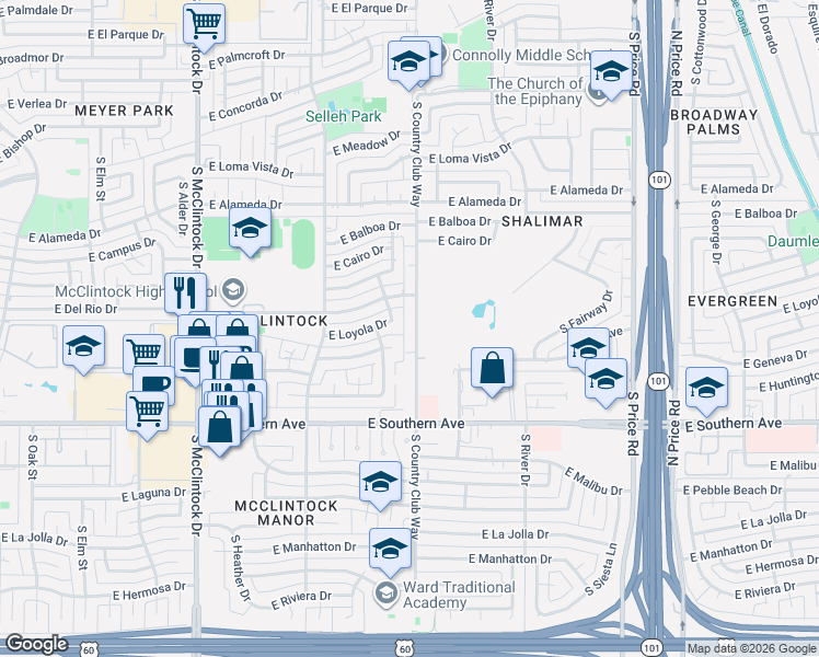 map of restaurants, bars, coffee shops, grocery stores, and more near 1971 East Loyola Drive in Tempe