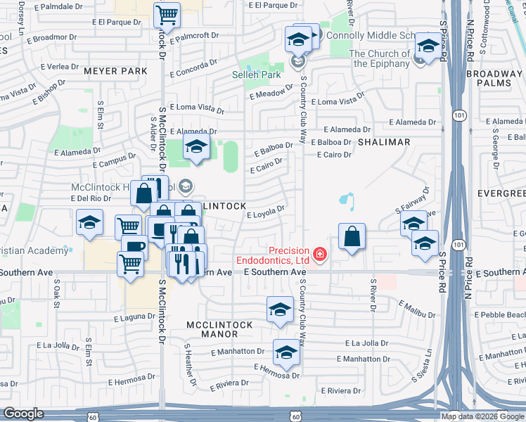 map of restaurants, bars, coffee shops, grocery stores, and more near 1932 East Loyola Drive in Tempe