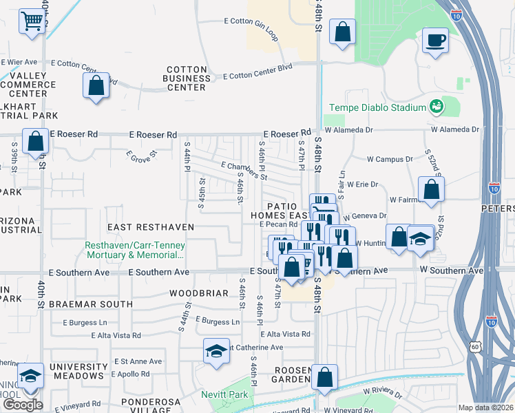 map of restaurants, bars, coffee shops, grocery stores, and more near 5607 South 46th Street in Phoenix