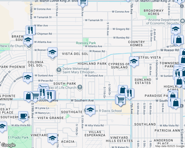 map of restaurants, bars, coffee shops, grocery stores, and more near 1314 West Sunland Avenue in Phoenix