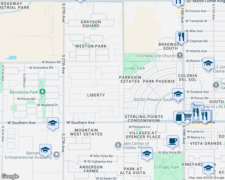 map of restaurants, bars, coffee shops, grocery stores, and more near 2331 West Bowker Street in Phoenix