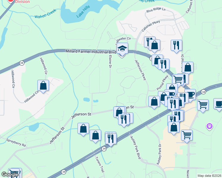 map of restaurants, bars, coffee shops, grocery stores, and more near 9 Elaine Drive in Newnan