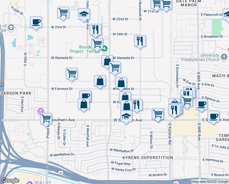 map of restaurants, bars, coffee shops, grocery stores, and more near 841 West Fairmont Drive in Tempe