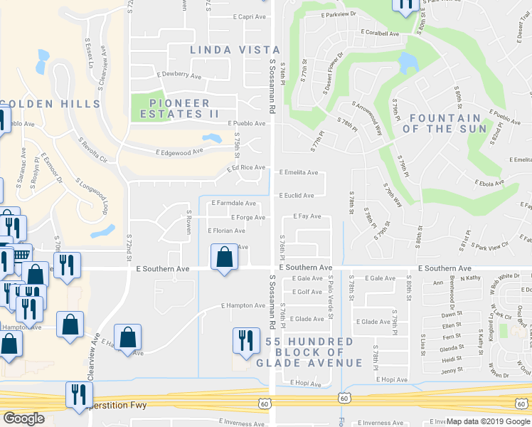 map of restaurants, bars, coffee shops, grocery stores, and more near 1001-1099 South Sossaman Road in Mesa