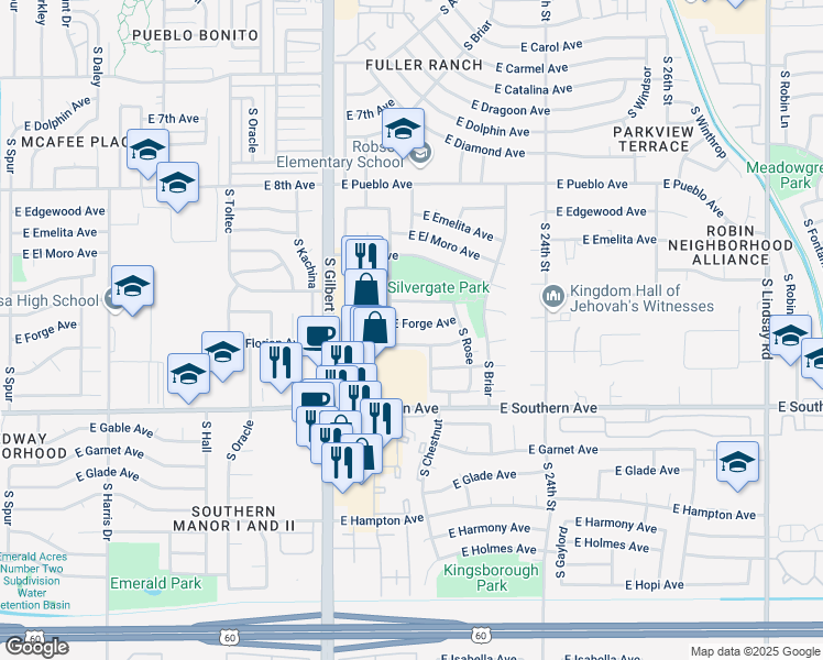 map of restaurants, bars, coffee shops, grocery stores, and more near 2167 East Forge Avenue in Mesa