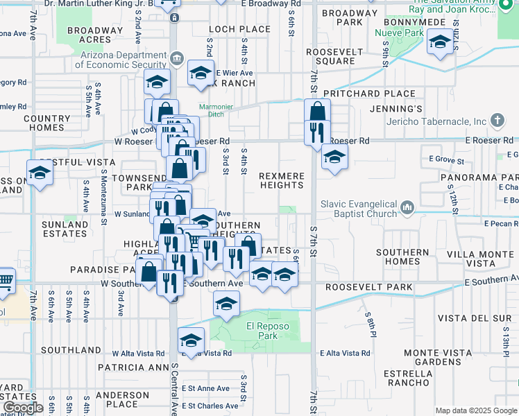 map of restaurants, bars, coffee shops, grocery stores, and more near 440 East Sunland Avenue in Phoenix