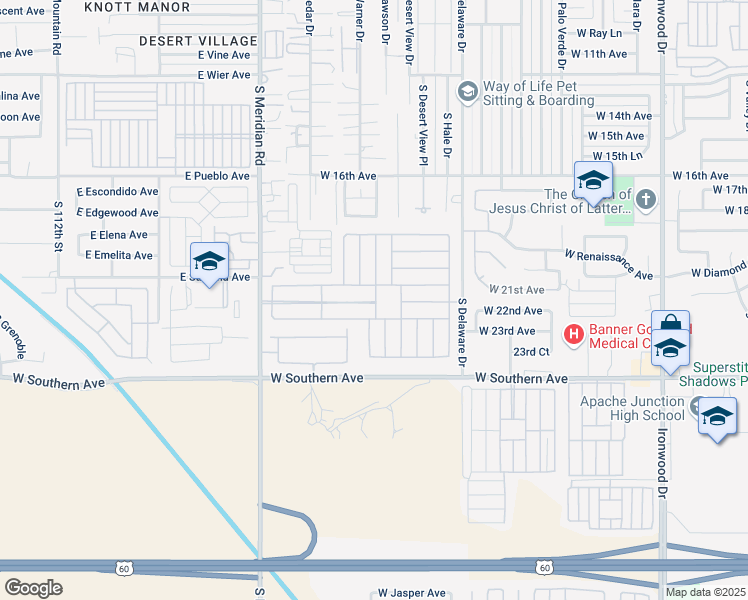 map of restaurants, bars, coffee shops, grocery stores, and more near 2101 South Meridian Road in Apache Junction