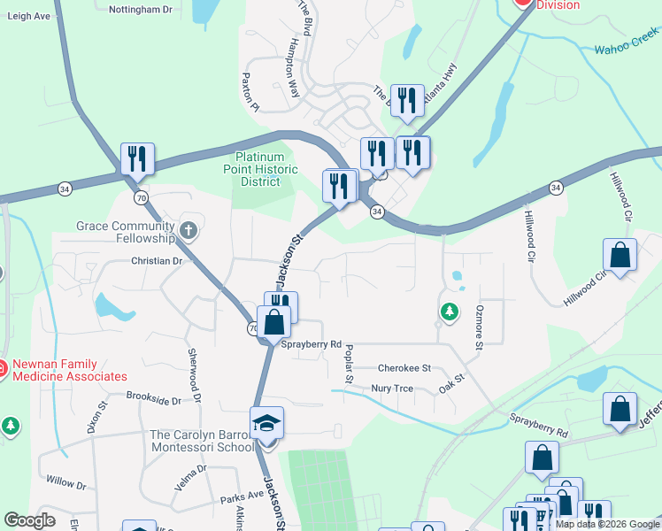 map of restaurants, bars, coffee shops, grocery stores, and more near 46 Overbrook Court in Newnan