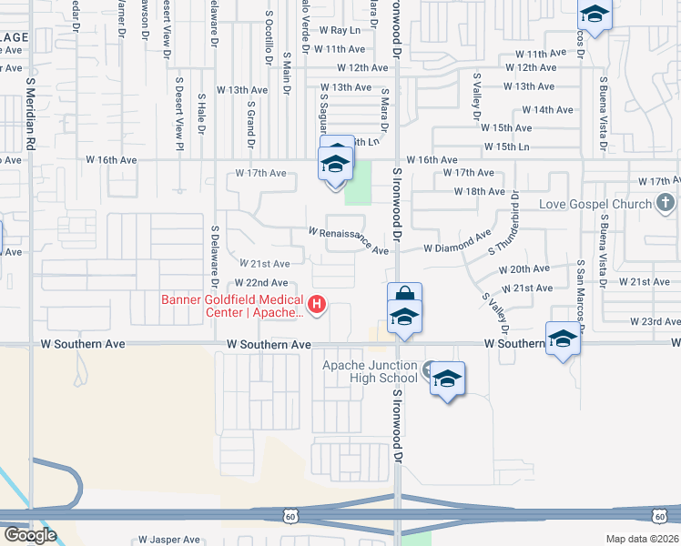 map of restaurants, bars, coffee shops, grocery stores, and more near 1804 West 21st Avenue in Apache Junction