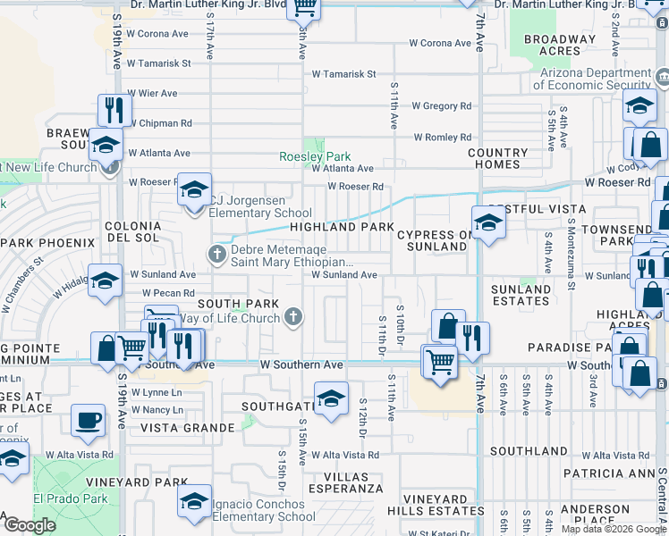 map of restaurants, bars, coffee shops, grocery stores, and more near 1314 W Sunland Ave in Phoenix