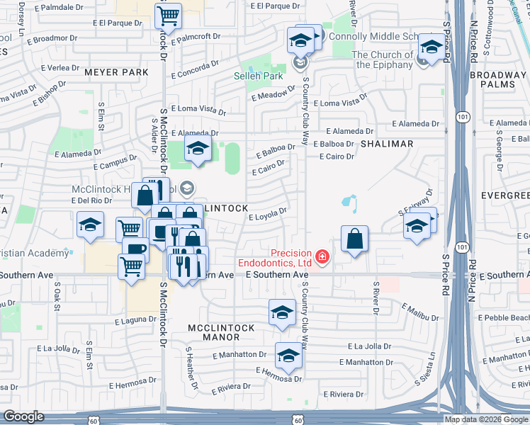 map of restaurants, bars, coffee shops, grocery stores, and more near 1932 East Loyola Drive in Tempe
