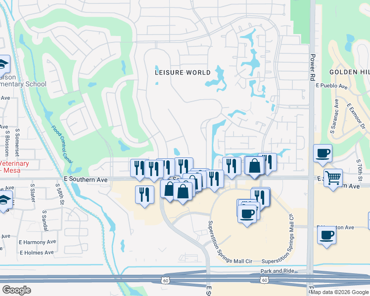 map of restaurants, bars, coffee shops, grocery stores, and more near 1396 Leisure World in Mesa