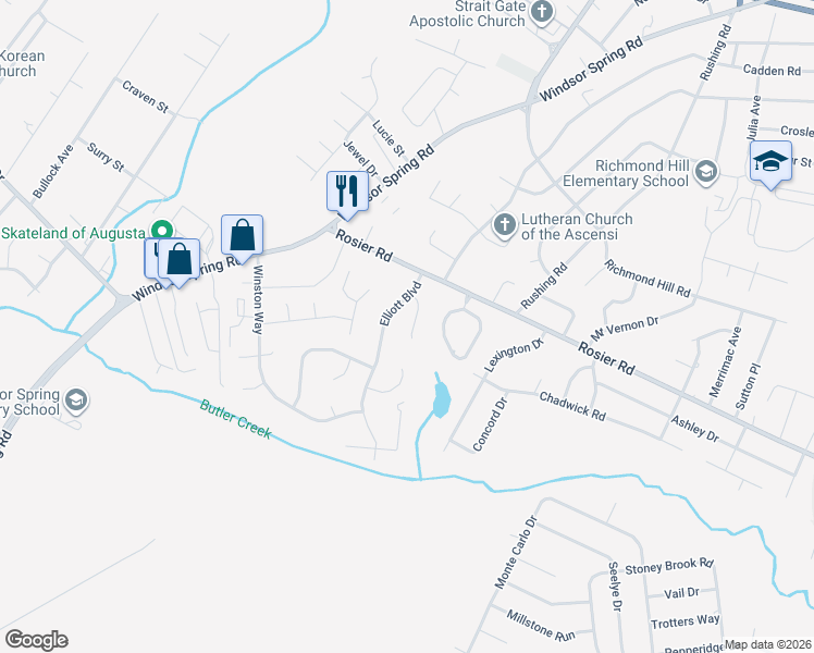 map of restaurants, bars, coffee shops, grocery stores, and more near 3607 Concord Court in Augusta