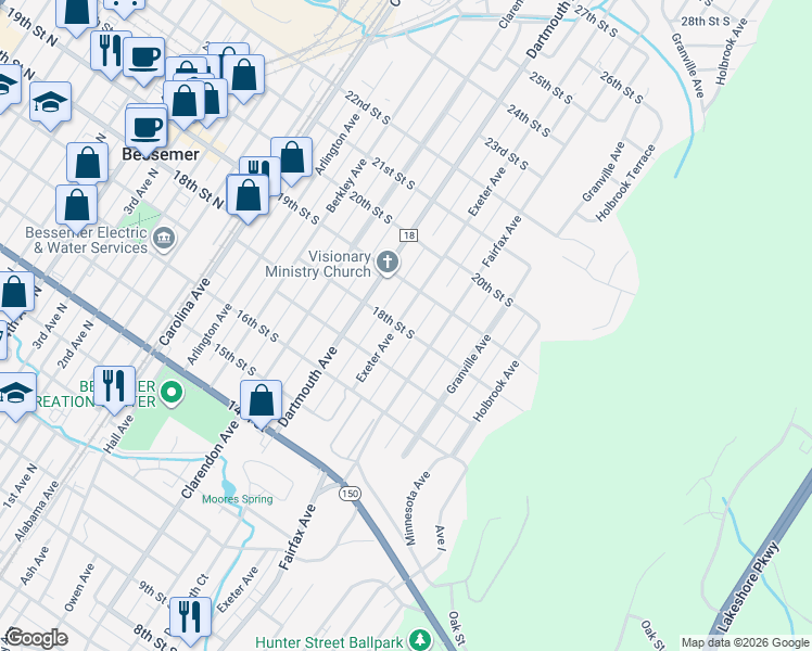 map of restaurants, bars, coffee shops, grocery stores, and more near 1801 Exeter Avenue in Bessemer