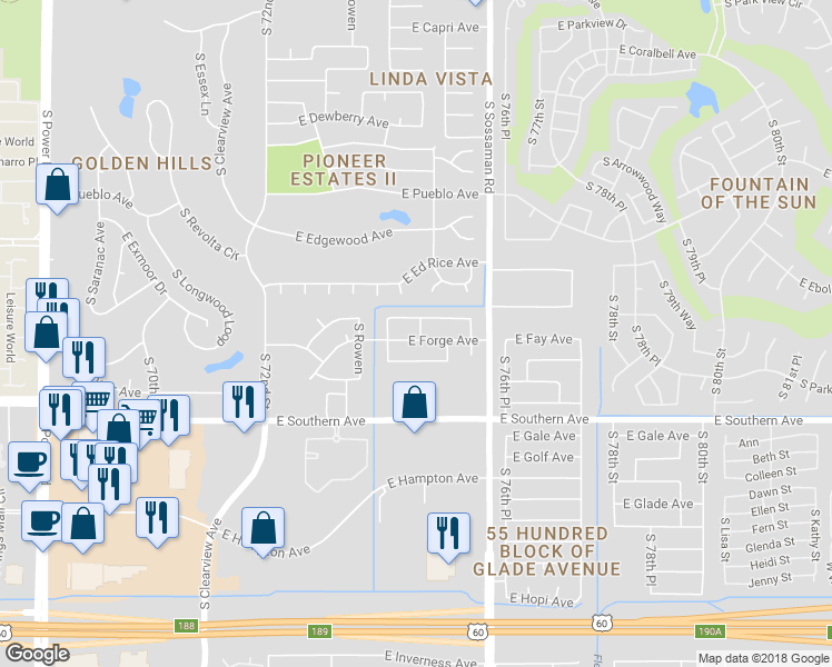 map of restaurants, bars, coffee shops, grocery stores, and more near 7440 East Forge Avenue in Mesa
