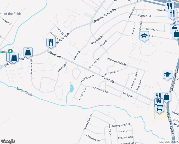 map of restaurants, bars, coffee shops, grocery stores, and more near 2148 Rosier Road in Augusta