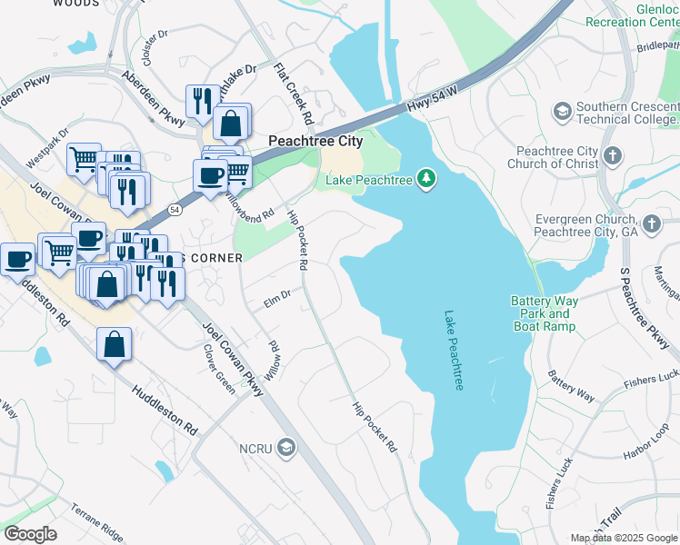 map of restaurants, bars, coffee shops, grocery stores, and more near 118 Hilltop Drive in Peachtree City
