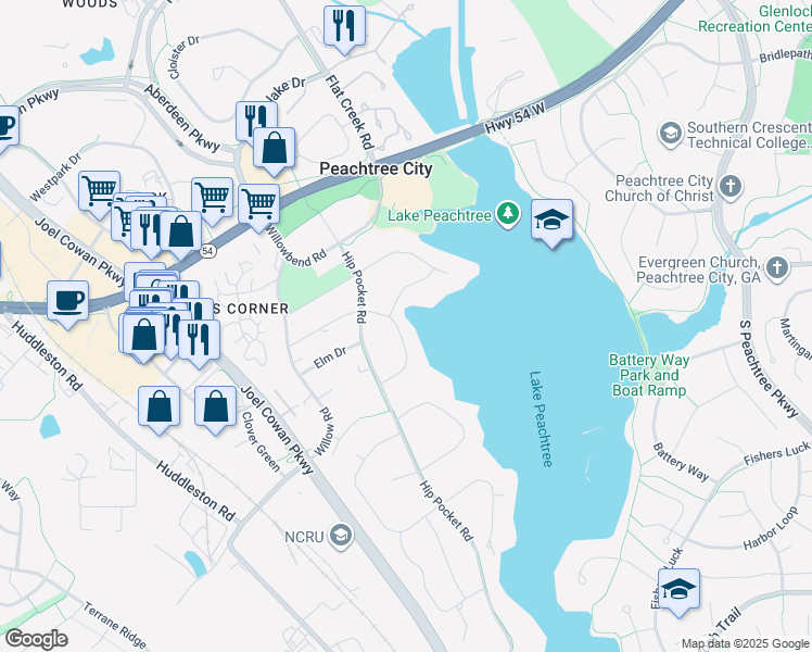 map of restaurants, bars, coffee shops, grocery stores, and more near 118 Hilltop Drive in Peachtree City