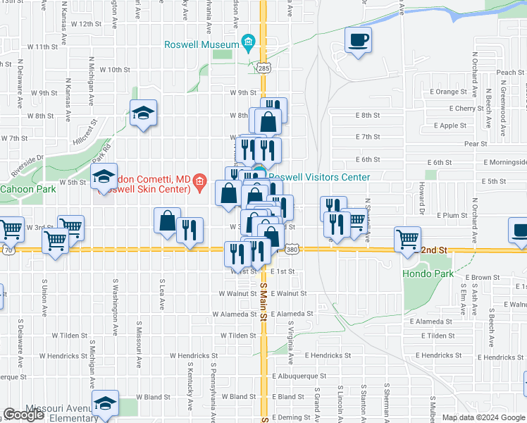 map of restaurants, bars, coffee shops, grocery stores, and more near 354 North Main Street in Roswell