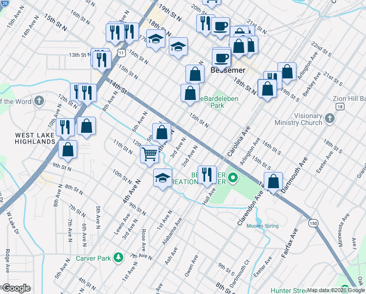 map of restaurants, bars, coffee shops, grocery stores, and more near 1308 2nd Avenue North in Bessemer