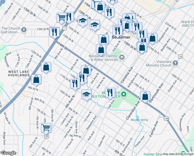 map of restaurants, bars, coffee shops, grocery stores, and more near 1308 2nd Avenue North in Bessemer