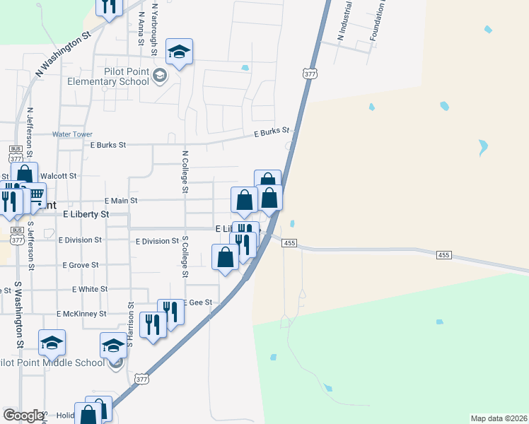 map of restaurants, bars, coffee shops, grocery stores, and more near 1100 U.S. 377 in Pilot Point