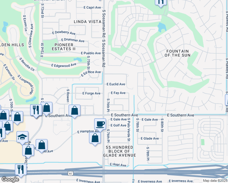 map of restaurants, bars, coffee shops, grocery stores, and more near 7638 East Fay Avenue in Mesa