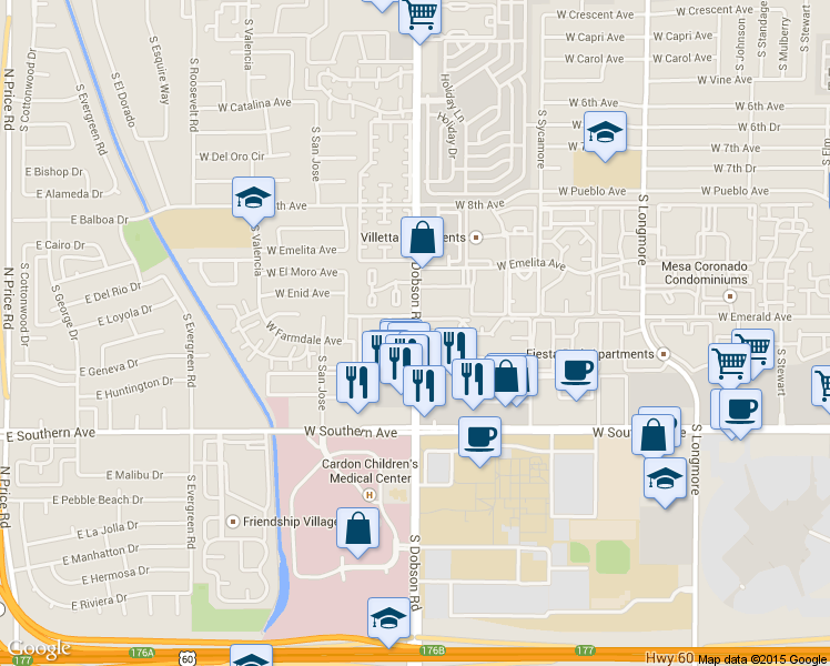 map of restaurants, bars, coffee shops, grocery stores, and more near 29 Continental Townhouses in Mesa