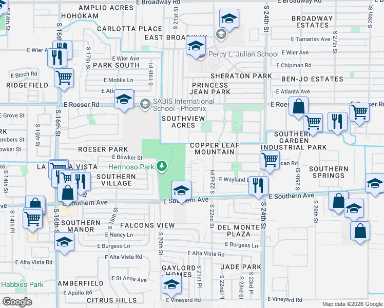 map of restaurants, bars, coffee shops, grocery stores, and more near 2105 East Sunland Avenue in Phoenix