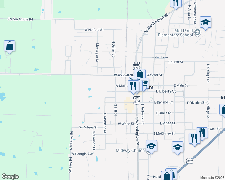 map of restaurants, bars, coffee shops, grocery stores, and more near 112 South Hill Street in Pilot Point