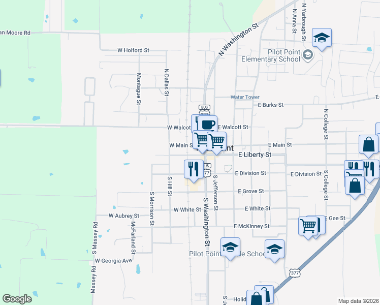 map of restaurants, bars, coffee shops, grocery stores, and more near 304 West Liberty Street in Pilot Point