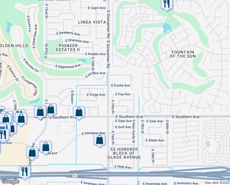 map of restaurants, bars, coffee shops, grocery stores, and more near 7638 East Fay Avenue in Mesa