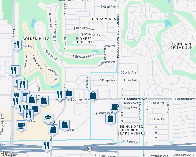 map of restaurants, bars, coffee shops, grocery stores, and more near 7440 East Forge Avenue in Mesa