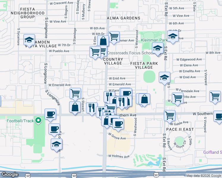 map of restaurants, bars, coffee shops, grocery stores, and more near 1147 West Farmdale Avenue in Mesa