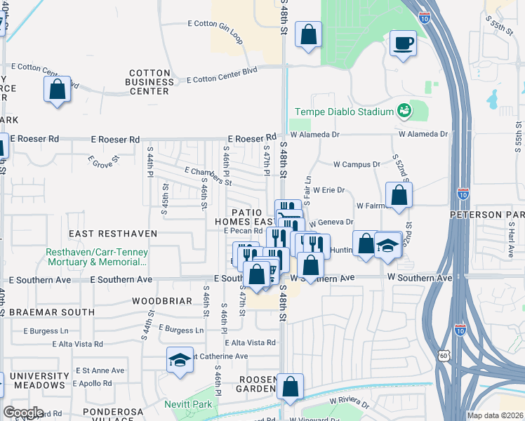 map of restaurants, bars, coffee shops, grocery stores, and more near 5454 South 47th Place in Phoenix