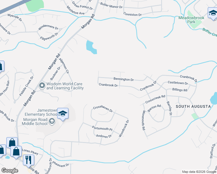 map of restaurants, bars, coffee shops, grocery stores, and more near 2814 Cranbrook Drive in Hephzibah
