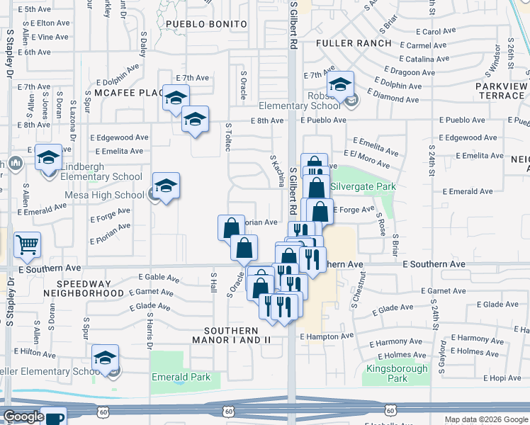 map of restaurants, bars, coffee shops, grocery stores, and more near 1864 East Farmdale Avenue in Mesa