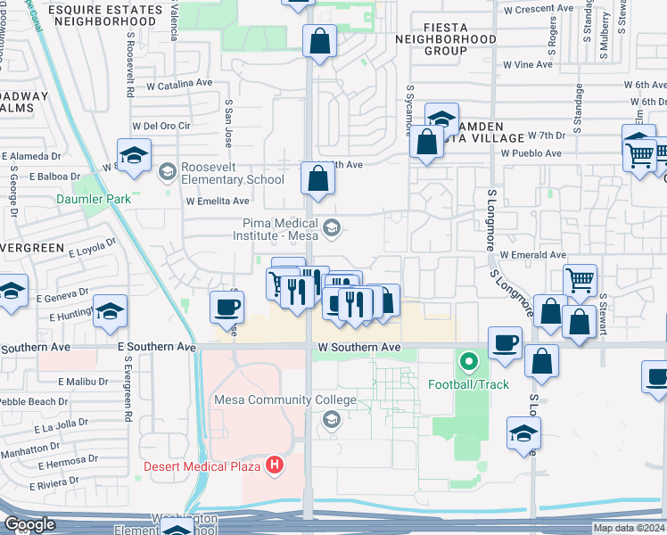 map of restaurants, bars, coffee shops, grocery stores, and more near 1051 South Dobson Road in Mesa