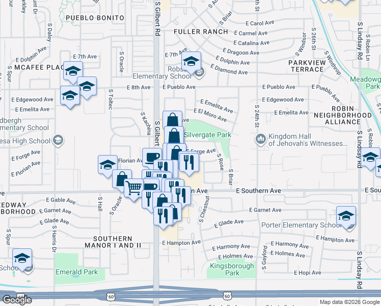 map of restaurants, bars, coffee shops, grocery stores, and more near 1040 South 21st Street in Mesa