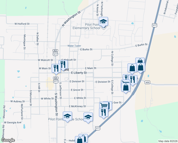 map of restaurants, bars, coffee shops, grocery stores, and more near 401 East Liberty Street in Pilot Point