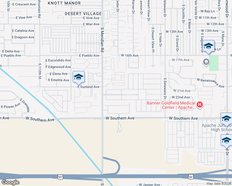 map of restaurants, bars, coffee shops, grocery stores, and more near 2101 South Meridian Road in Apache Junction