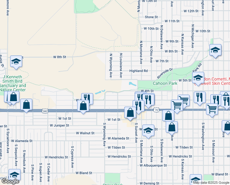map of restaurants, bars, coffee shops, grocery stores, and more near 1699 West 4th Street in Roswell