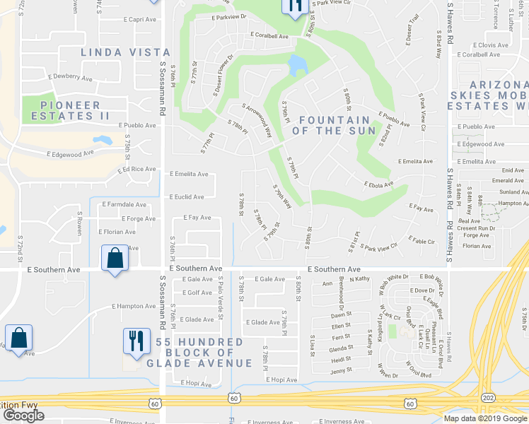map of restaurants, bars, coffee shops, grocery stores, and more near 1021 South 78th Place in Mesa